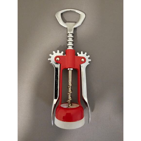 Red/Silver Corkscrew Wine Bottle Opener w/Fins - Push Down - 6-1/2" - Italy - Picture 1 of 9